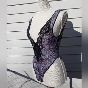 2/$12 NWOT Vintage Lacey Lingerie One Piece, Purple Paisley with Black, Medium